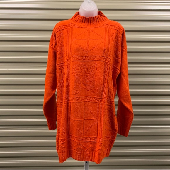 Beldoch Popper Sweaters - Beldoch Popper Orange Knitted Textured Long Sweater | L